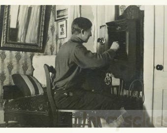 Vintage Snapshot 1919 Man from Back Makes Phone Call Old Fashioned Telephone