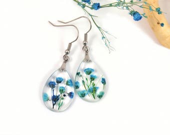 Botanical Resin Earrings with blue Babys breath flowers, Pressed Flowers, Real flower, Plant Earrings, Nature earrings, Floral jewelry