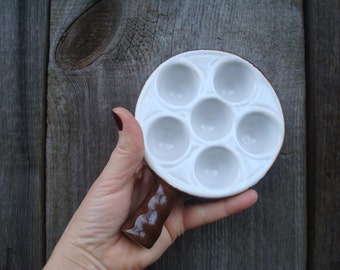 Emile Henry Escargot Pan; Vintage Pottery Stoneware Pan for Serving Snail Escargots, 6 Hole Snail Dish with Handle; Brown & White Snail Pan
