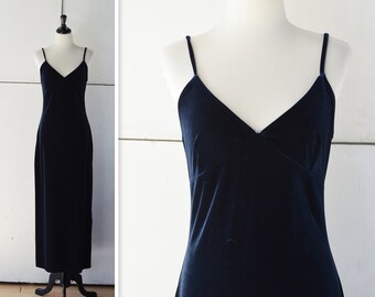90s dark blue velvet dress | vintage maxi velvet dress | 90s midnight blue spaghetti strap dress