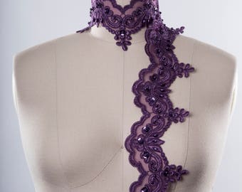 Eggplant Purple Beaded Lace Trim. Deep Purple. Scallops and Sequins.