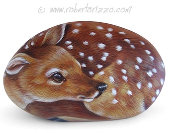 Sweet Fawn Painted on A Sea Stone | Rock Painting Art by Roberto Rizzo