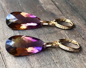 Ametrine Earrings. Purple Yellow Ametrine. Pave earrings. Gold Earrings. Bolivian Ametrine stones. Statement jewelry. February birthstone