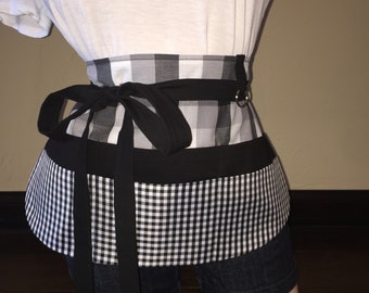 Black and White Plaid Checkered Half Waist Pocket Apron