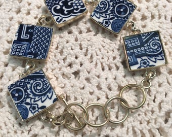 Broken China Bracelet Blue Willow Silver Plated