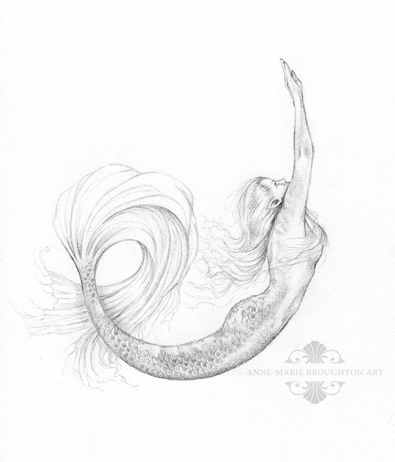 ORIGINAL Mermaid Art Drawing 8x10 inch Rise Mermaid Swimming