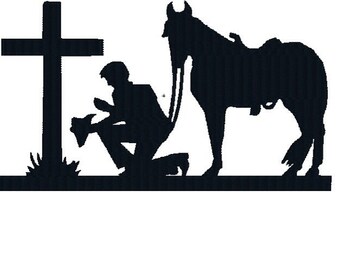 kneeling cross cowboy praying silhouette horse christian cowgirl embroidery soldier 8x10 shipping machine sunset