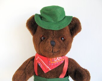 Vintage LL Bean Teddy Bear Hat Green Pants Red Suspenders Red Bandana Cuddle Toys styled by Douglas 1980s Toy Plush