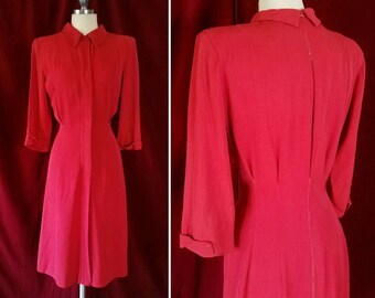 Lipstick Red Gabardine 1940s Dress. 40s Swing Dress with Action Back.