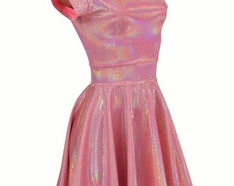 On Point Pink Shimmery Scoop Neck Cap Sleeve Fit and Flare Skater Skate Dress Holographic - 154740