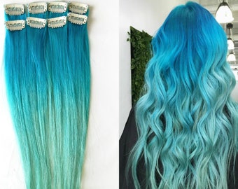 hair extensions teal ombre aqua mermaid mint human pc clip