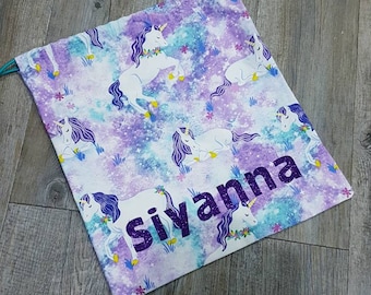 Personalised Unicorn Library bag | unicorn library bag | rainbow unicorn bag | monogrammed library bag | purple unicorn bag | drawstring bag