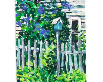 Lilacs ACEO mini print of my Original Painting, ATC,Small artwork,pretty picture,springtime,birdhouse,flowers,"Lilacs" by Patty Fleckenstein