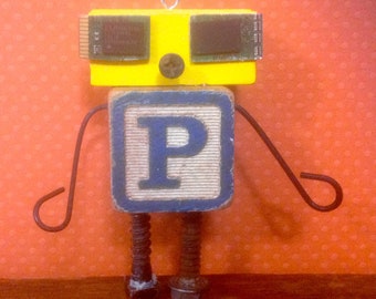 Mini Bot, letter "P", mixed media robot sculpture