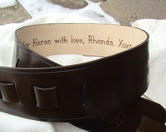 Added Feature Only - Pyrography (branding) Writing to the interior of genuine leather belts or guitar straps