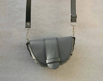 grey handbag, small leather purse for women, shoulder or belt bag, crossbody or belt strap purse, gift for her, debudok, feminine, concert
