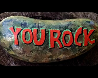 YOU ROCK! Orange on camo hand-painted rock: paperweight, garden decor, inspirational gift