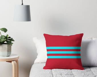 Aqua and Red Decor, Aqua Throw Pillow, Red and Aqua Cushion, Aqua Toss Pillow, Red Decor, Aqua and Red Pillow, Red and Aqua Pillow Cover