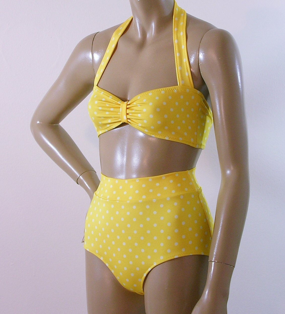 High Waisted Bikini Bottom and Retro Bandeau Top in Yellow