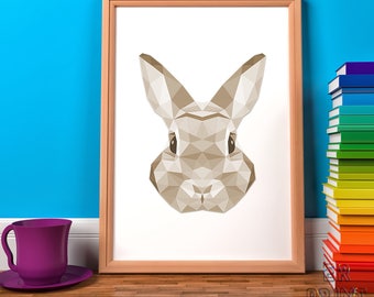Rabbit Print, Geometric Print, Sepia Print, Triangle Print, Sepia Rabbit, Home Wall Decor, Rabbit Art, Polygonal Animal, Girls Print