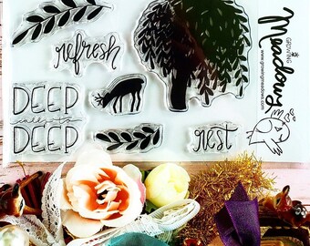 Deep Calls to Deep Stamp Set Clear Deer Willow Tree Refresh Rest Laurel Christian Art Worship Bible Journaling Growing Meadows Tai Bender