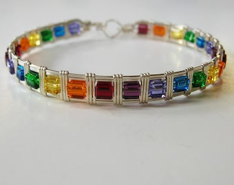 Rainbow Bead Bracelet - Sterling Silver Bangle - Colorful Cube Beads Bracelet - Wirewrapped Bracelet - Silver Bracelet - Gifts For Women
