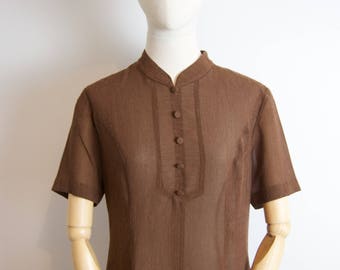 Vintage Brown Long Dress with Mao collar