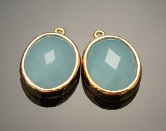 1007051 / Air Blue Opal / 16k Gold Plated Brass Framed Glass Pendant 12mm x 16mm / 2.2g / 2pcs