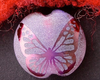 Handmade Lampwork Focal Bead "Violet Butterfly" SRA Sandblasted Glass ~ Iridescent Lustre Picture Bead ~ Pinks & Purples