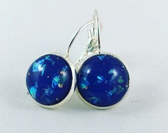 Resin Earrings - Gold Flake - Lever Backs - Minimalist Earrings - Everyday Earrings - Iridescent Earrings - Blue Earrings - Silver Earrings