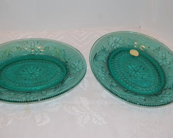 Vintage Sandwich Oval Trays (2), Spruce Green Sandwich Tray, Small Serving Tray, Tiara Glass, Indiana Glass, Pressed Glass
