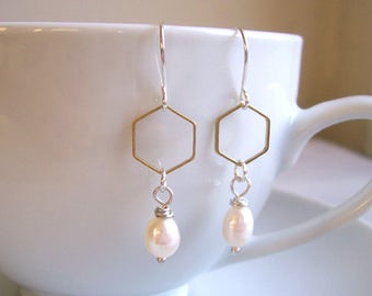 Honeycomb and Pearl hexagon earrings - golden brass geometric shapes on silver - minimalist wedding jewellery