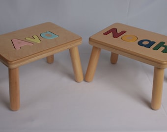 Wooden Name Puzzle Step Stool Bench - Birthday Gift - Wood - Personalized Puzzle -Kids Stool or Bench -One Name - Mixed Case Letters Only