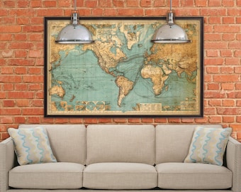 World map print - Chart of the world , world map fine reproduction - Large world map - Available in 1 piece or 3 sections
