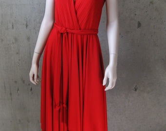 Cross Front Dress Jersey Kay Unger Self Belt Handkerchief Hem Midi Sleeveless Red SZ-10 Vintage 90s