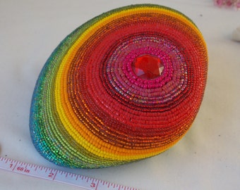 Beaded Rock. Rainbow Beaded Rock. Ooak art R1