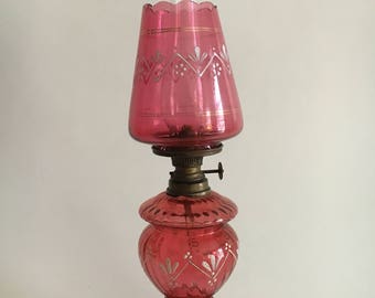 19th c rare Cranberry glass scallop miniuture lantern lamp hurricane enamel paint decorative