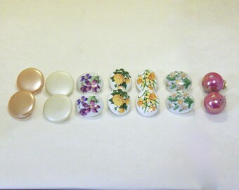 VINTAGE LOT B: 1950's - 80's Floral Earrings, Pearl Earrings, Porcelain Earrings, Button Earrings, Clip-on Style Earrings