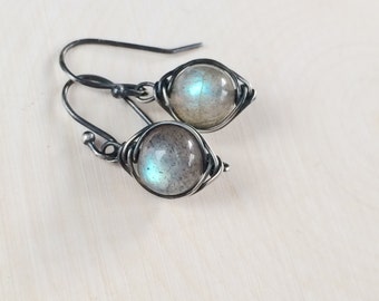 Labradorite Earrings Labradorite Earrings Oxidized Sterling Silver Gemstone Earrings Dangle Earrings Blue Flash