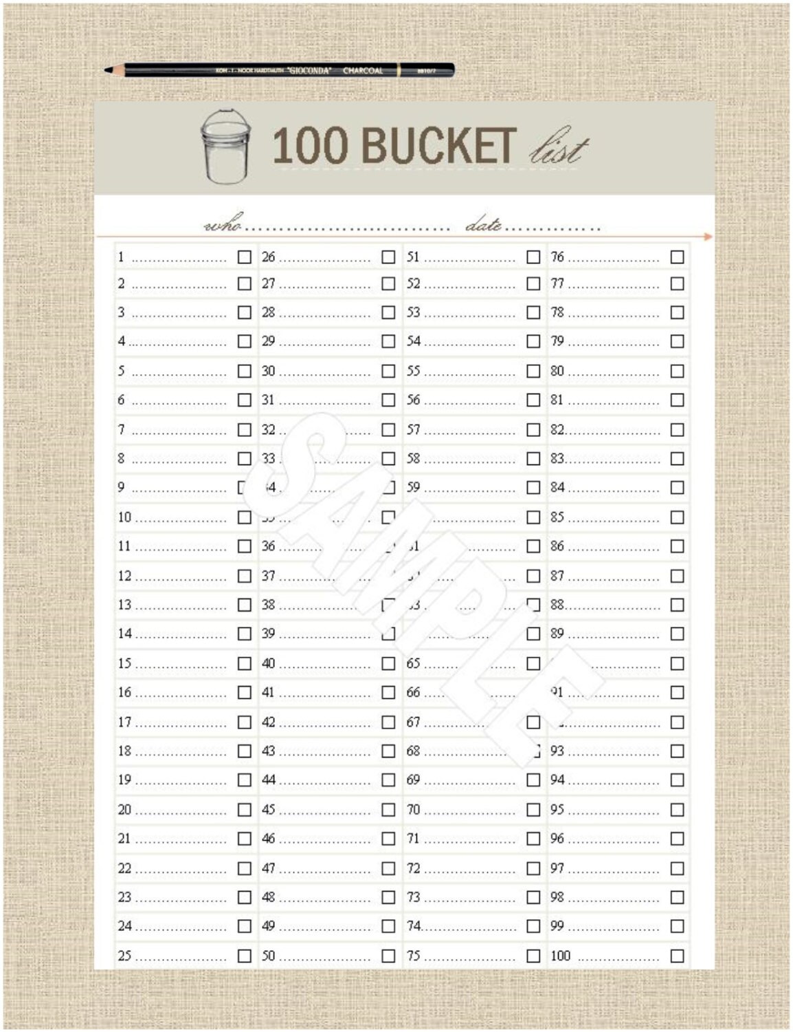 Life's Lists Printable 100 Bucket List