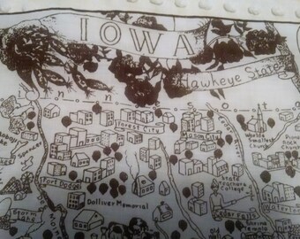 Vintage State of Iowa Souvenir Hankie Handkerchief Map with Cities and Sites Hawkeyes Buildings Surrounding States Brown White Printed Hanky