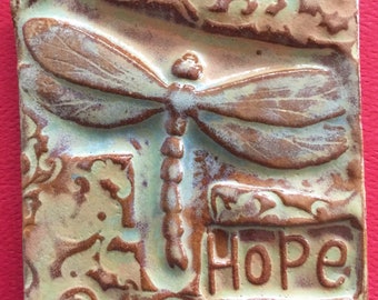 Hope with dragonfly handmade earthenware tile by tilesmile