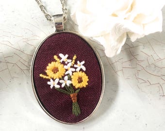 Hand Embroidered Necklace. Floral Necklace. Wildflower Pendant. Jewelry under 30. Sunflower Bouquet Pendant.