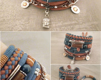 Teal and Honey Bohemian Bracelet Gypsy Bracelet Buddha Head Charm Multistrand Bracelet Hippie Style Boho Bracelets Stack Boho Jewelry