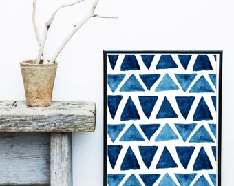 Watercolor Painting, Geometric Art Print, Printable Art, Blue Abstract, Watercolor Triangles, Scandinavian Design, Abstract Wall Art