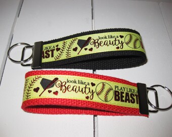 Yellow Red Black Looks like a Beauty- Plays like a Beast Softball Key fob / Key chain / Luggage tag