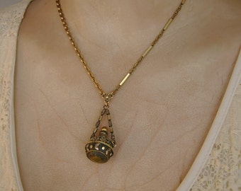 Emily - Antique Victorian Repousse Flowers Leaves Tiny Perfume Bottle Watch Fob Watch Chains Recycled Repurposed Necklace