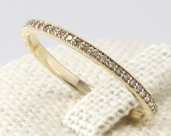 Thin Diamond Eternity Band 14K Solid Gold, Champagne Diamond Ring, Diamond Wedding Band