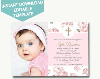 Baptism invitation girl/baptism invitation instant download girl/baptism invitations girl/pink gold/Editable template/Instant download-Lyla