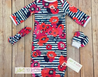 Baby gown, knot hat, and no scratch mittens, newborn set, girl baby, floral